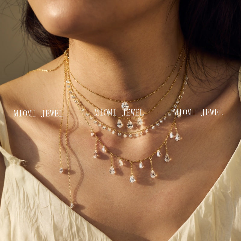 S925 Silver Single Diamond Drilled Water Drop Shape Zircon Multi-size Pendant Necklace Light Luxury High-end Feel Layered Wear