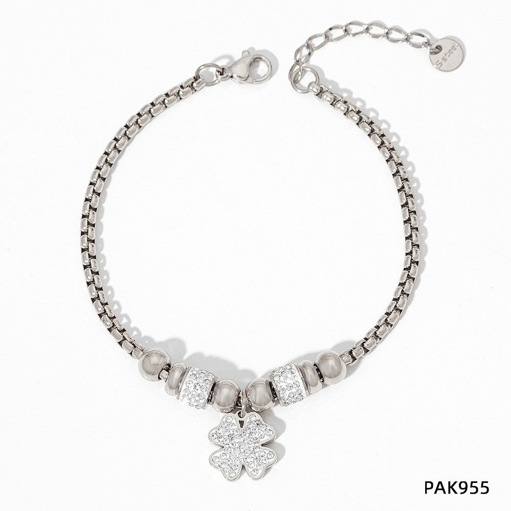 New Lucky Clover Bracelet for Women Stainless Steel Inlaid Diamond Four-Leaf Clover Bracelet Sweet Fairy Style Color-Retaining Jewelry