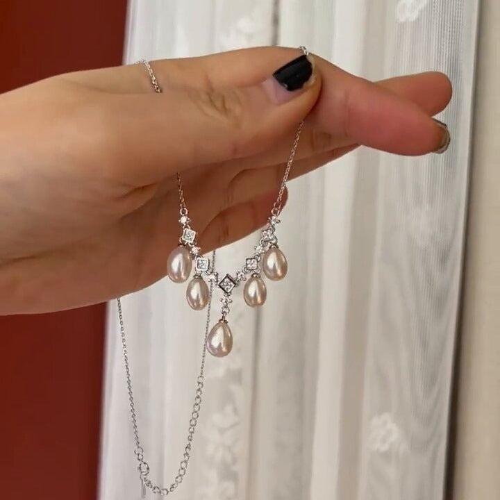 Natural Freshwater Rice-Shaped Aurora Pearl Necklace S925 Sterling Silver Women's Tassel Elegant Versatile Inlaid Zircon Collarbone Chain