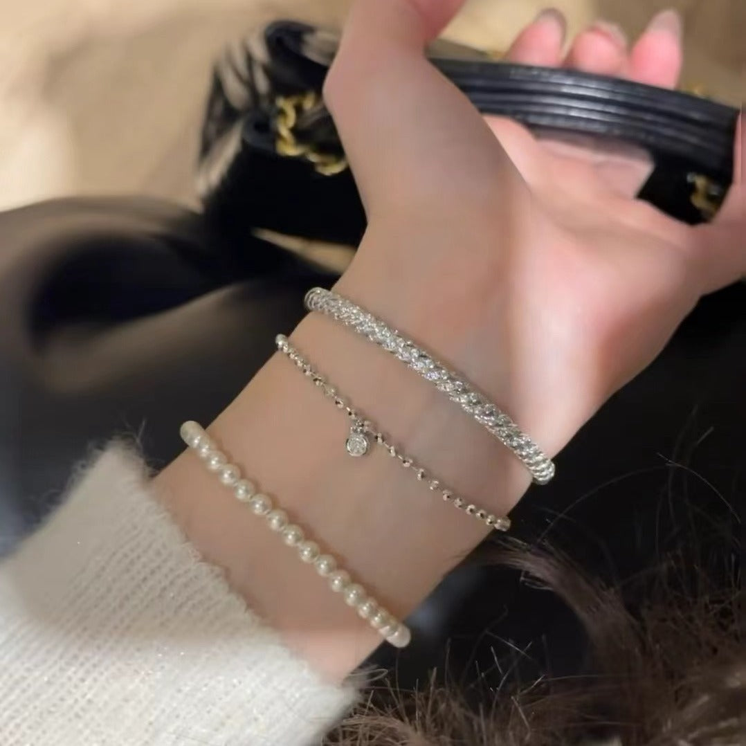 Vintage Style Pure Silver S925 Real Gold Plated High Carbon Diamond Bubble Laser Bead Bracelet Push-Pull Adjustable Bracelet