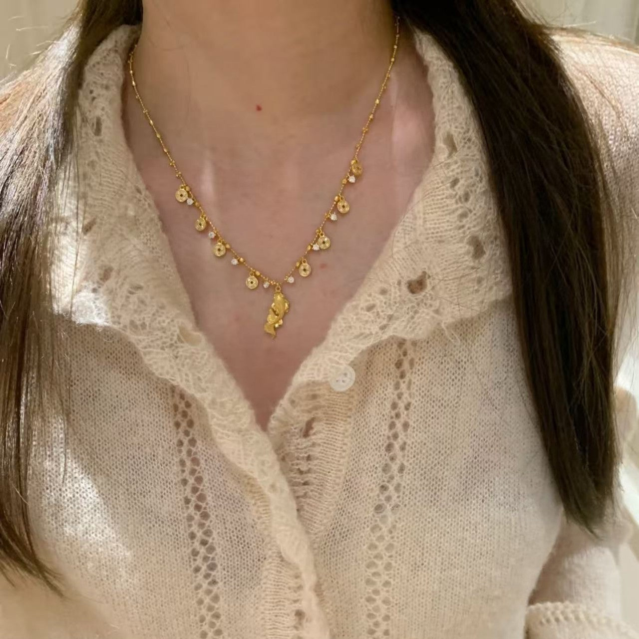 Pure Silver S925 New Chinese Style Lucky Brushed Craft Starry Sky Gold Coin Koi Fairy Chain Light Luxury High-end Super Fairy