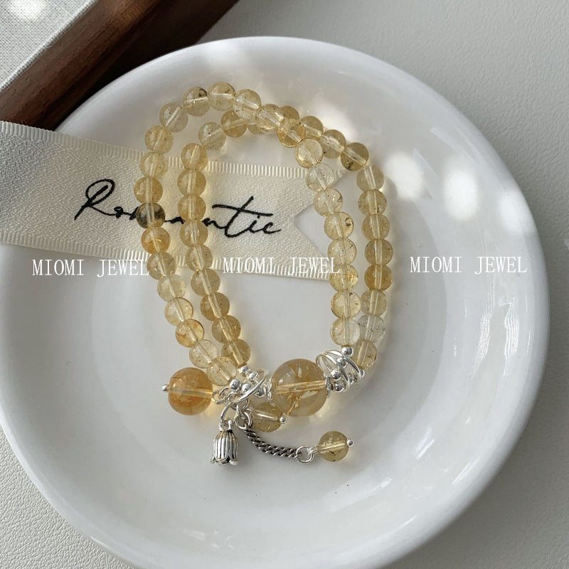 S925 Sterling Silver Yellow Crystal Double Circle Bracelet for Women New Chinese Style National Style Lily of the Valley Pendant Bracelet Gift for Girlfriend