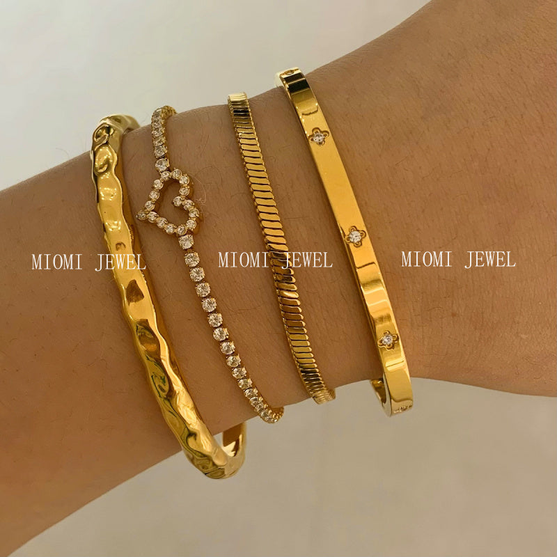 Stackable Irregular Texture Heart Jewelry Set Stainless Steel Vacuum Plating Non-Fading Autumn Winter Bracelet Bangle