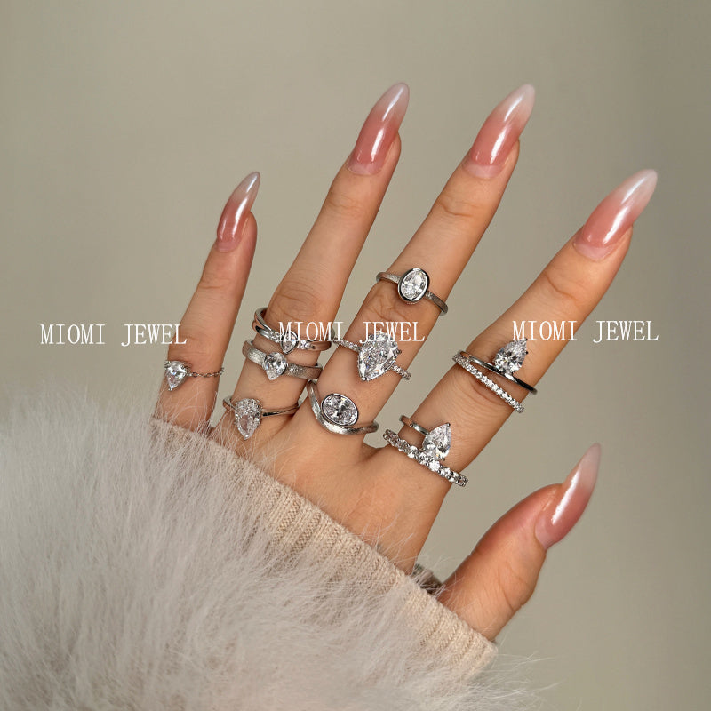 Luxury French Style S925 Sterling Silver Ring for Women with Water Drop Egg-Shaped Zircon Inlay, Exquisite Wedding Ice Flower Cut Women's Jewelry