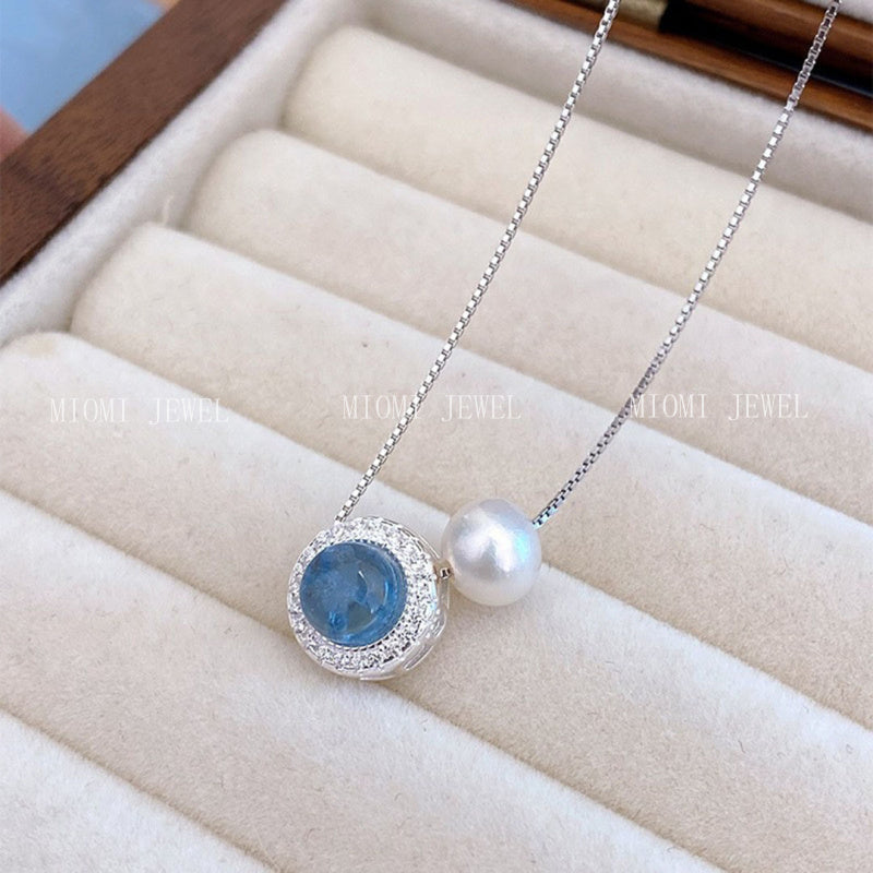 S925 Sterling Silver Aquamarine Natural Freshwater Pearl Necklace Accessories for Women Light Luxury Niche Simple High-end Clavicle Chain