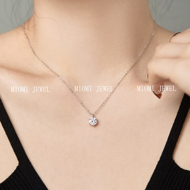 S925 Sterling Silver Zircon Necklace for Women Fashion High-End Inlaid Single Diamond Classic Simple Six-Prong Pendant Collarbone Chain