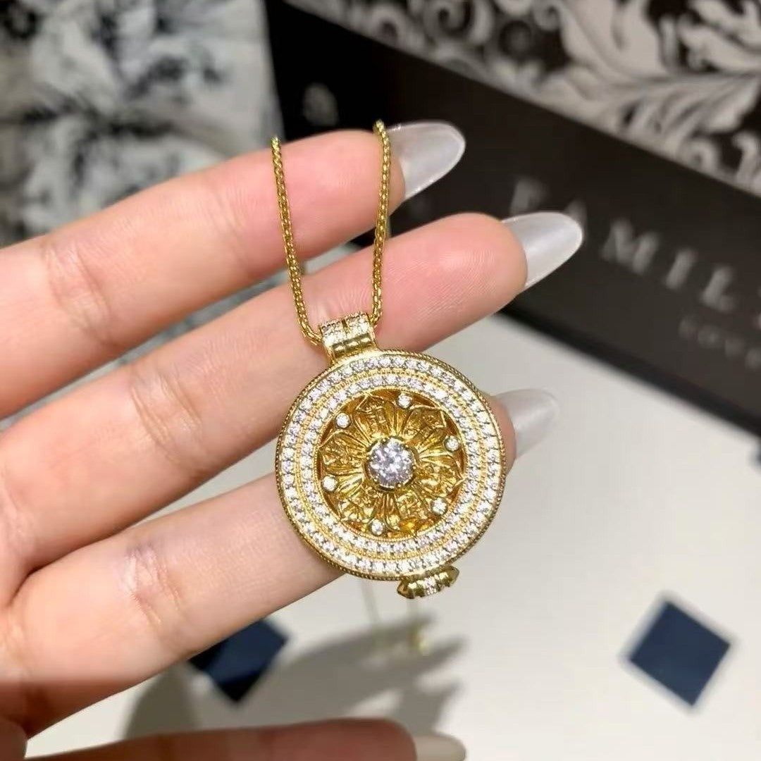 Traditional Compass Inlaid with Diamonds Pure Silver S925 Gawu Box Compass Manjushri Pure Silver Sweater Necklace