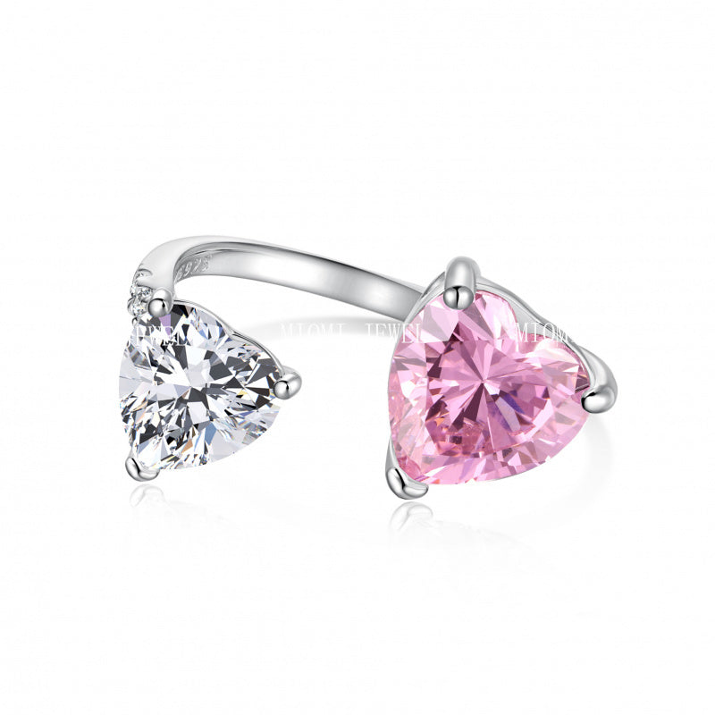 925 Sterling Silver Women's INS Heart Pink Ring Pink Diamond Sugar Cube Super Sparkling High Carbon Diamond Ring Wedding Ring