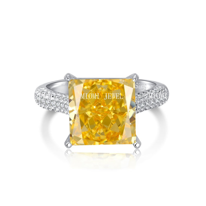 Cross-Border Hot S925 Sterling Silver Yellow Diamond Ring Female Noble Super Flash Ice Flower Cut High Carbon Diamond 8A Zircon Ring