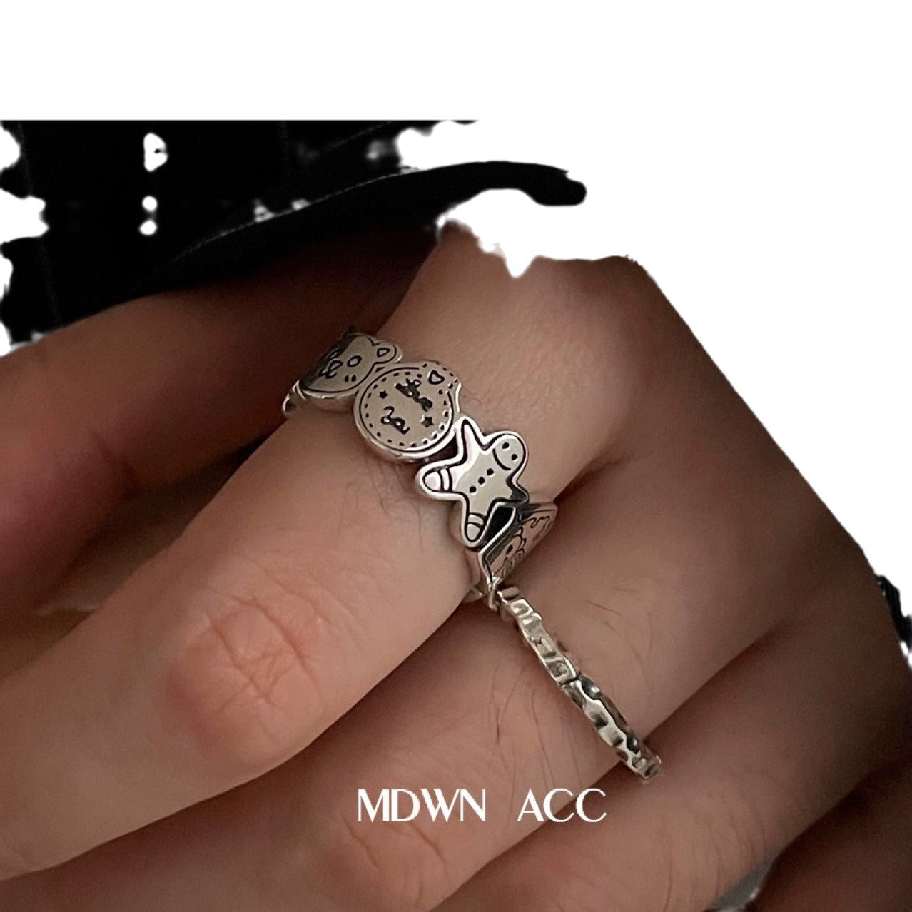 Korean Version Pure Silver S925 Ring for Women Gingerbread Man Cartoon Pattern Ins Style Minimalist Adjustable Open Ring