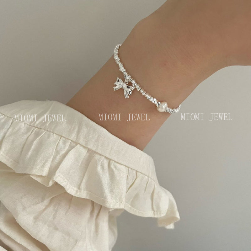 S925 Sterling Silver Natural Freshwater Pearl Bowknot Fragmented Silver Bracelet for Women Sweet Temperament Korean Style Bangle