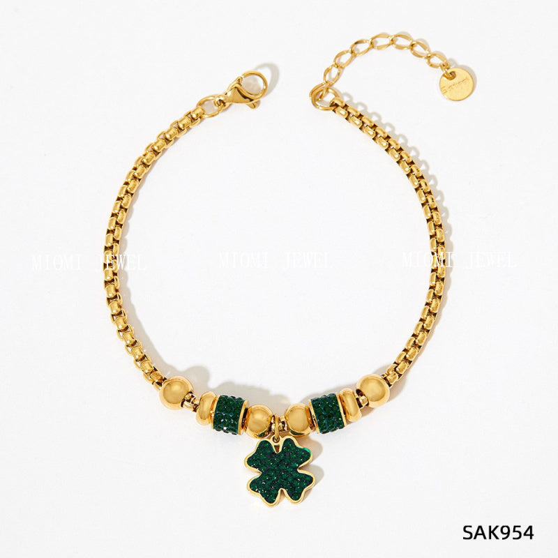 New Lucky Clover Bracelet for Women Stainless Steel Inlaid Diamond Four-Leaf Clover Bracelet Sweet Fairy Style Color-Retaining Jewelry