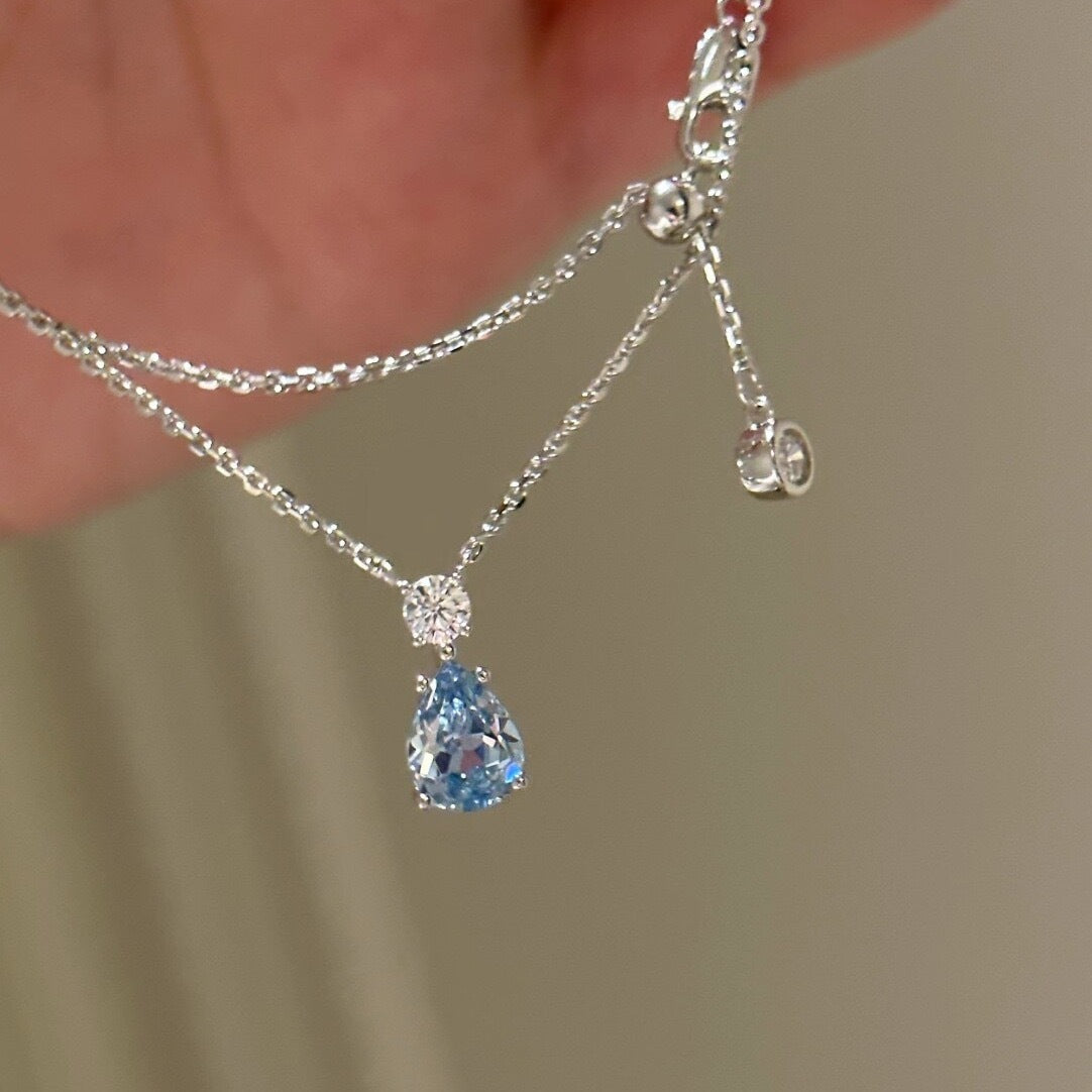 S925 Sterling Silver Aquamarine Water Drop Oval Ring Earrings Necklace Versatile High-End Niche Jewelry Set