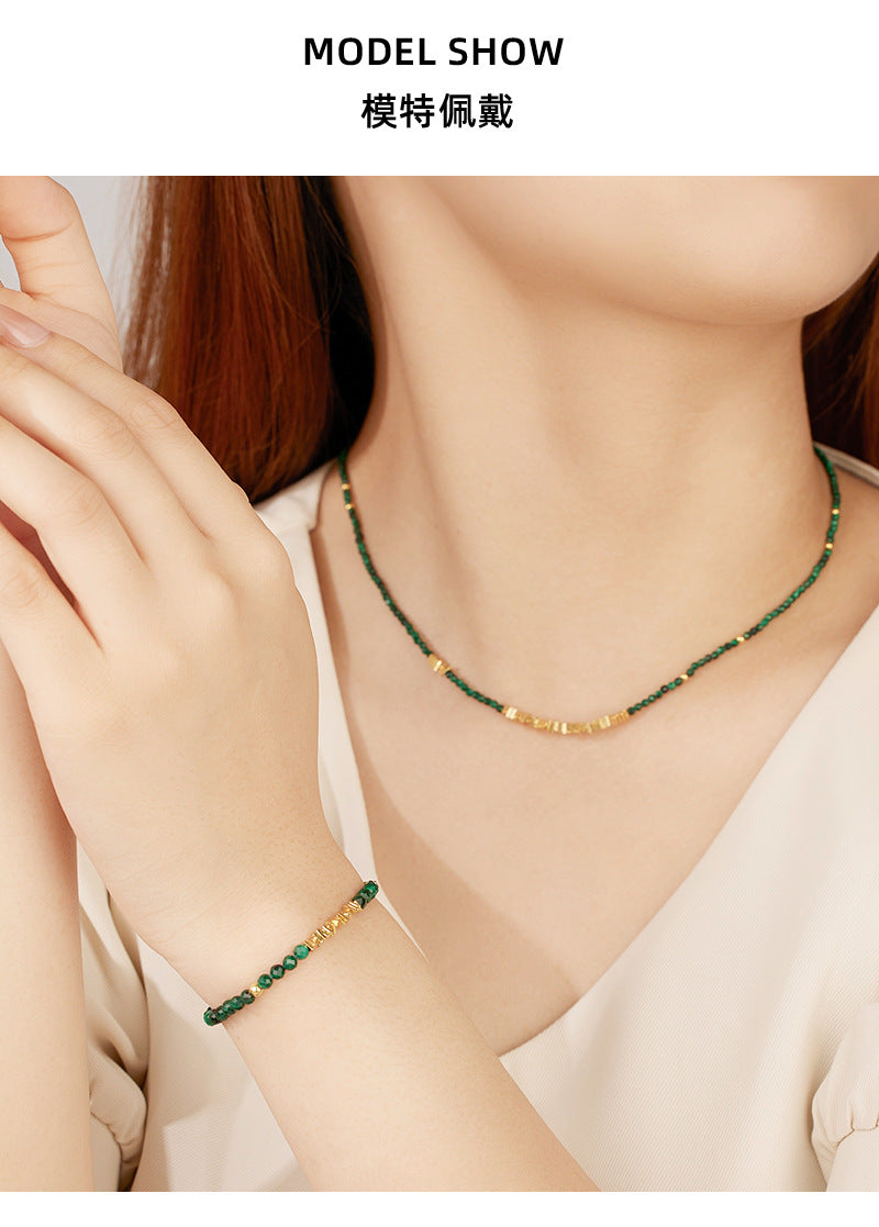 Natural Malachite S925Women's Sterling Silver Necklace French Retro Beaded with Clavicle Chain Accessories High Sense Necklace