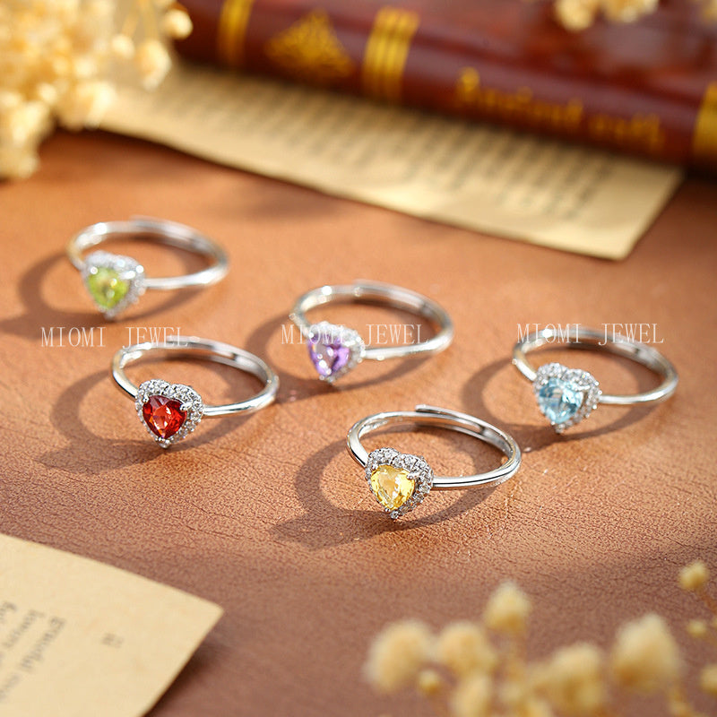 S925 Sterling Silver Ring for Women 5mm Heart-Shaped Natural Crystal Stone Ring Light Luxury High-End Classic Inlaid Jewelry
