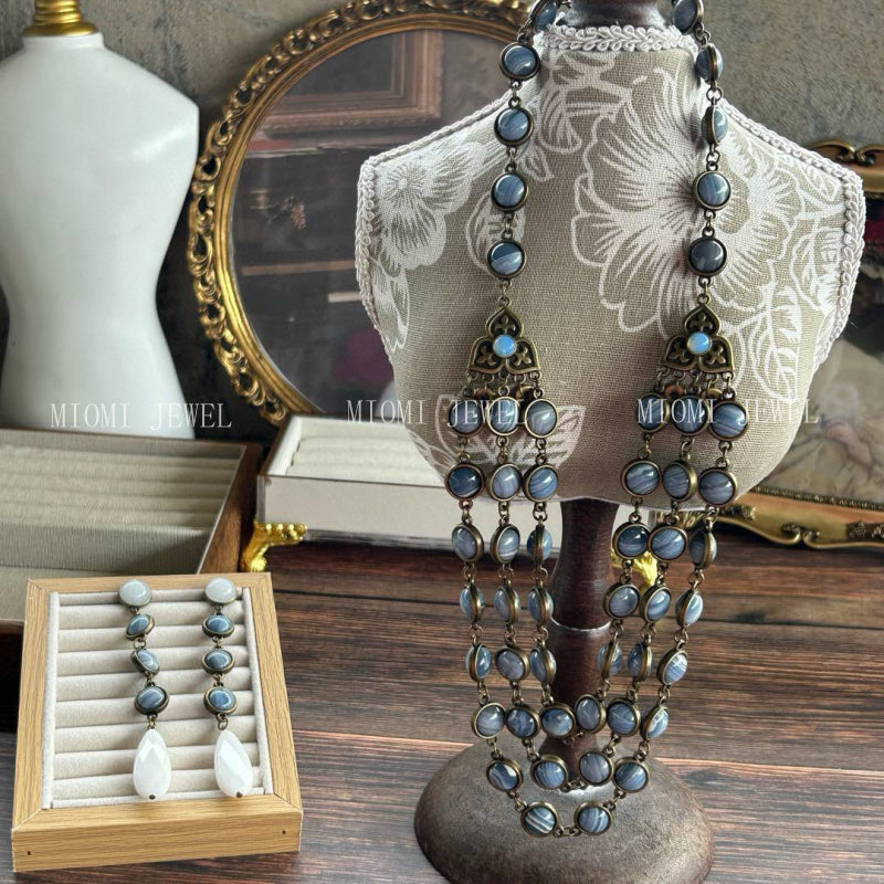 Vintage Multi-layer Natural Stone Original Design Retro Blue Vein Stone Double-sided Bead Necklace and Earring Set