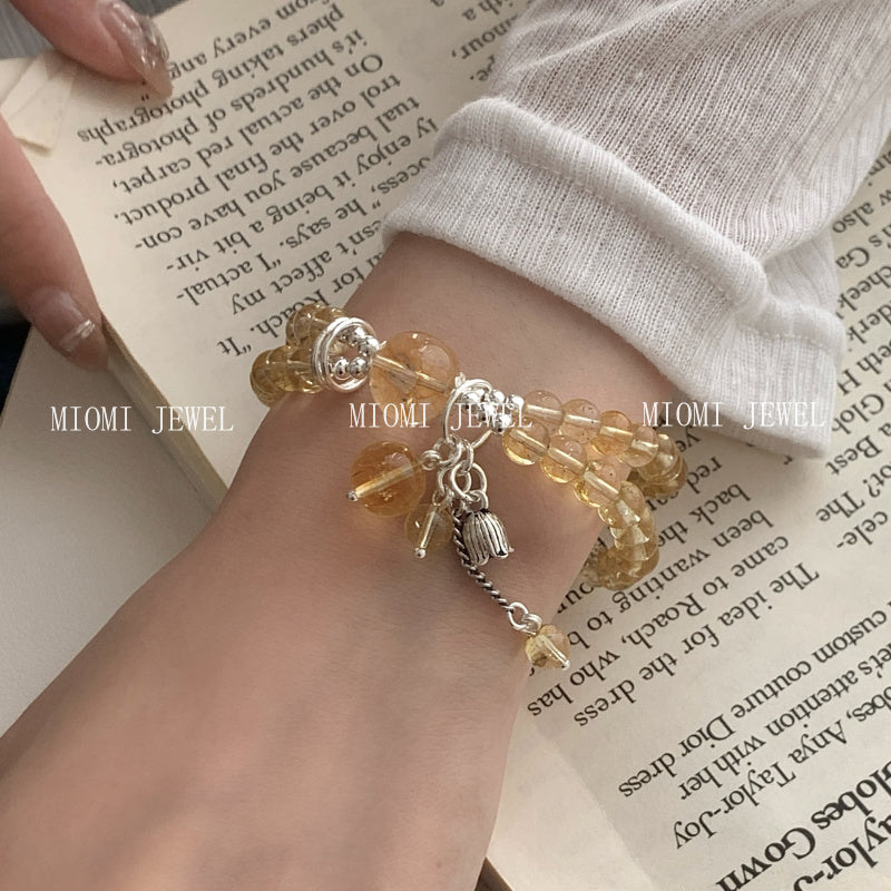 S925 Sterling Silver Yellow Crystal Double Circle Bracelet for Women New Chinese Style National Style Lily of the Valley Pendant Bracelet Gift for Girlfriend