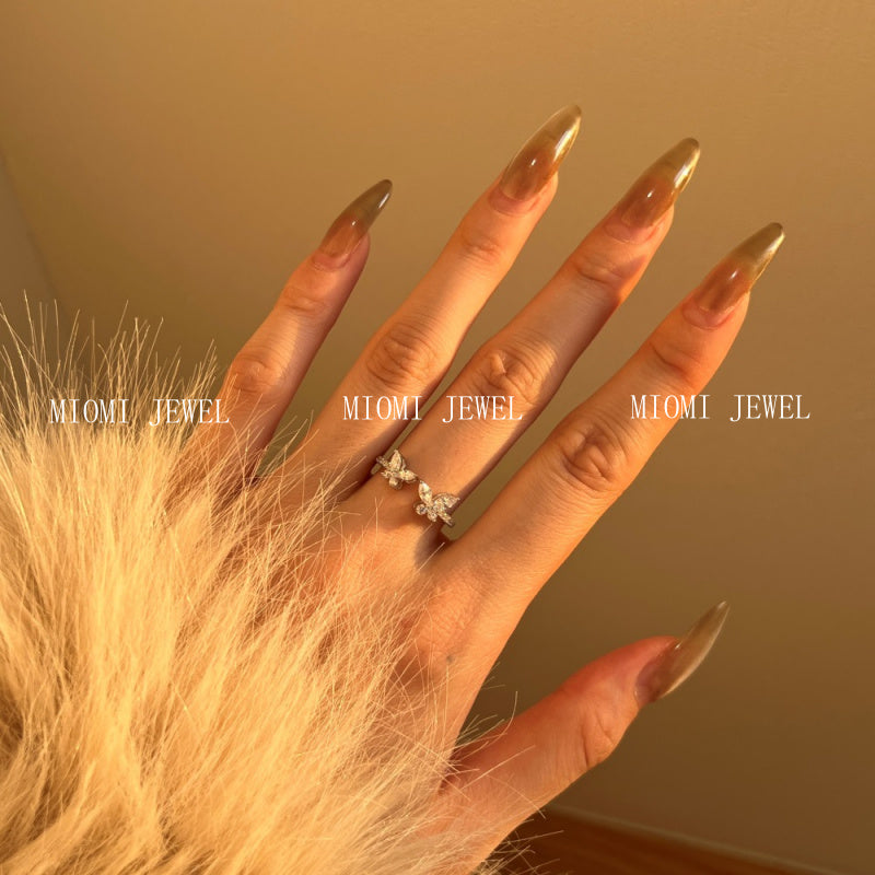 S925 White Marquise Round Zircon Inlaid Butterfly Design Open Fashion Exquisite Light Luxury Korean Style Ring