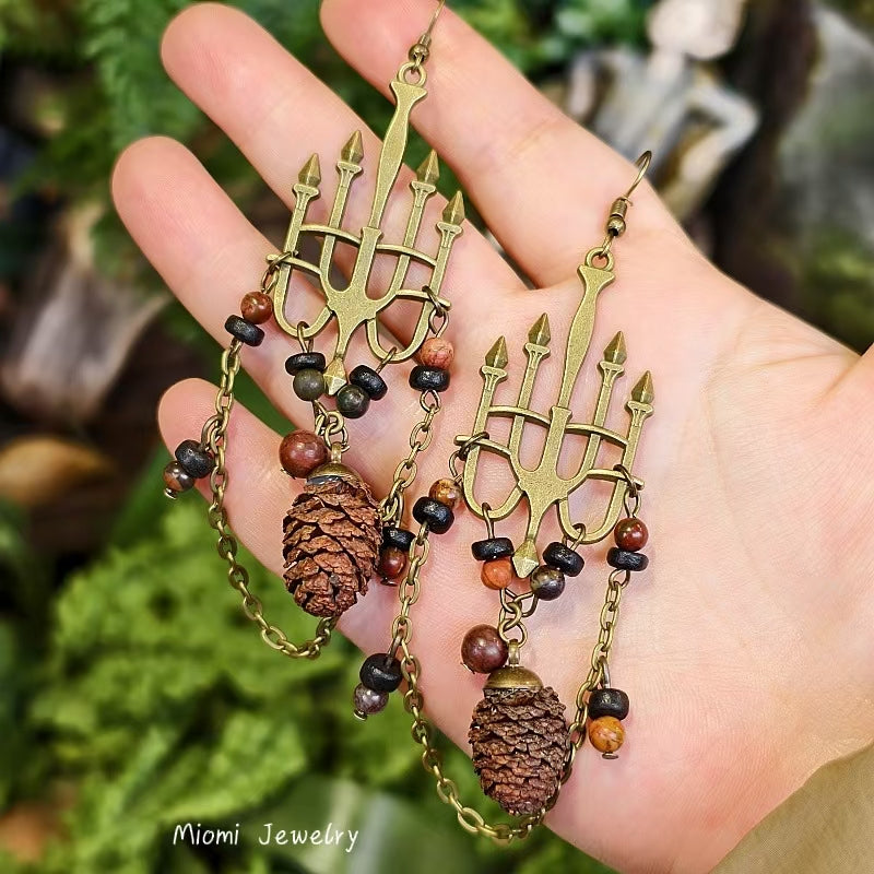 Forest-Style Vintage Niche Long Lolita Dark Gothic Palace-Style Plant Dried Fruit Bead Tassel Candle Lamp Earrings