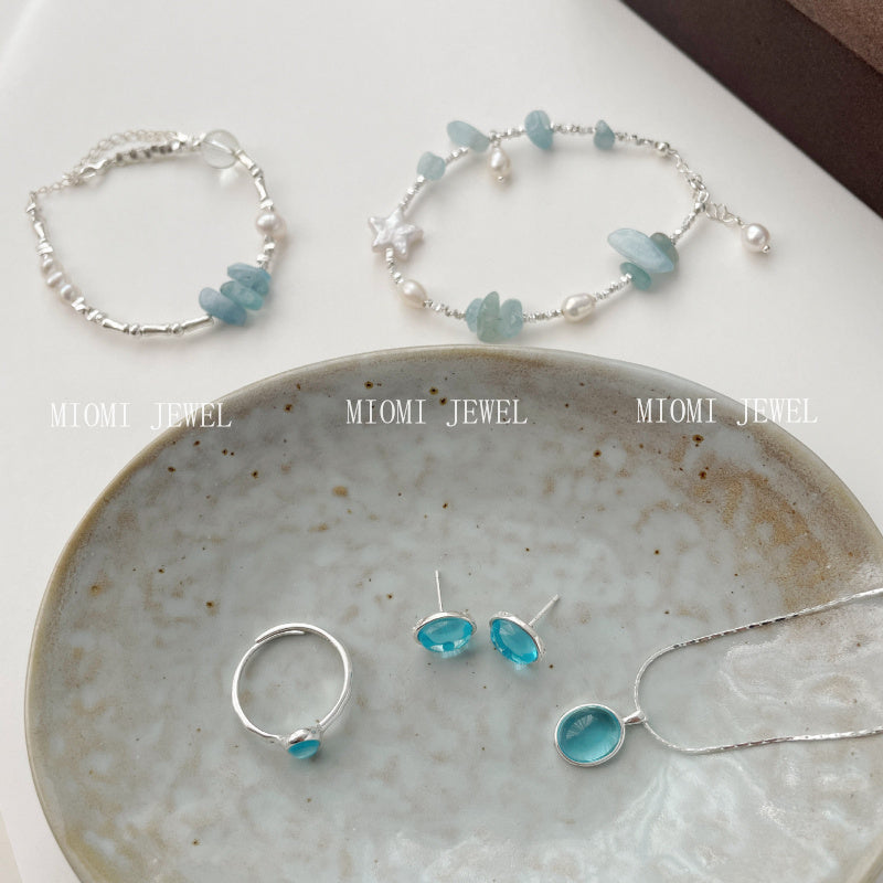 S925 Silver Aquamarine Bracelet Set Irregular Cut Gemstone Series Silver