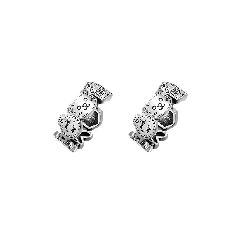 Korean Version Pure Silver 925 Vintage Cartoon Bear Circle Earrings Studs for Women Niche Trendy Personality Fashion