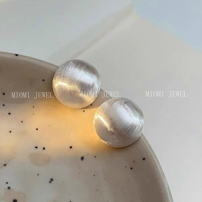 Sterling Silver Matte Brushed Simple Round Matte Elegant High-End Earrings Fashion Versatile Blogger Earrings Trendy