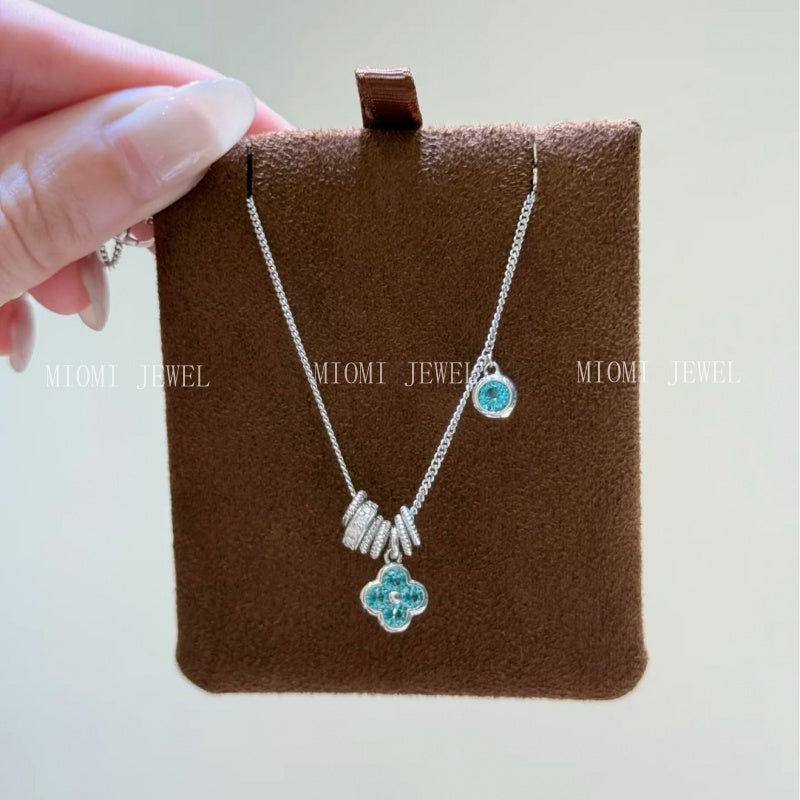 S925 Sterling Silver Running Ring Four-Leaf Clover Necklace for Women High Carbon Diamond Paraiba Niche Design Light Luxury High-End Feel