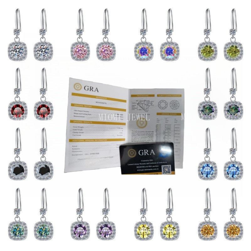 Moissanite Earrings 1 Carat GRA Certificate Waist Code Square Korean Fashion Moissanite S925 Sterling Silver Earrings