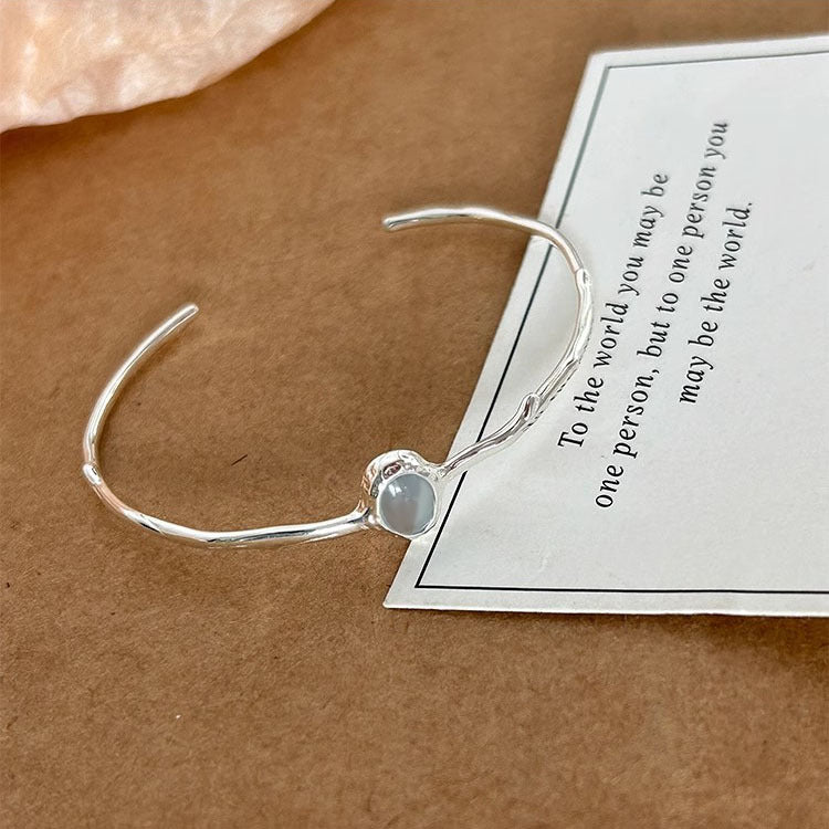 S925 Sterling Silver Aquamarine Open Bracelet for Women Irregular Design Niche Cool Minimalist Oval Bracelet