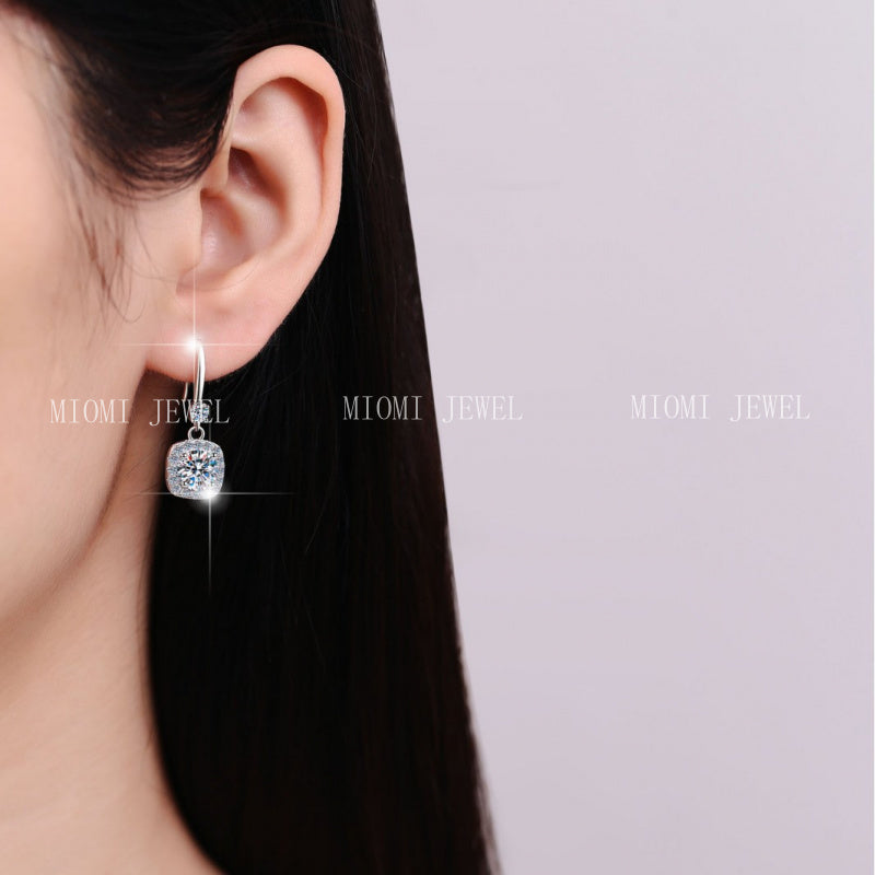 Moissanite Earrings 1 Carat GRA Certificate Waist Code Square Korean Fashion Moissanite S925 Sterling Silver Earrings
