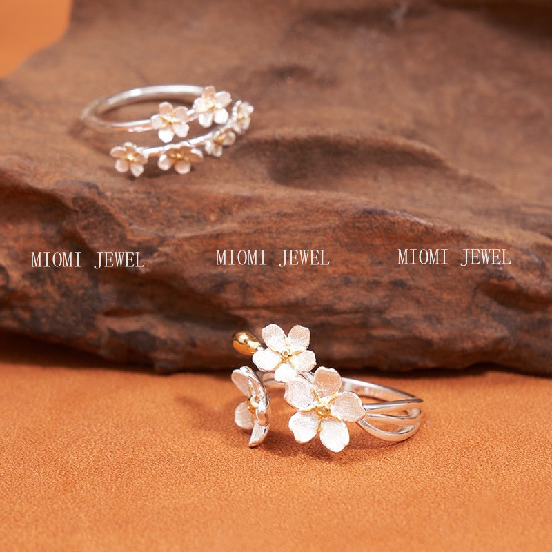 S925 Sterling Silver French Retro Palace Style Three-Dimensional Flower Iris Ring Color-Block Ancient Medieval Open Ring