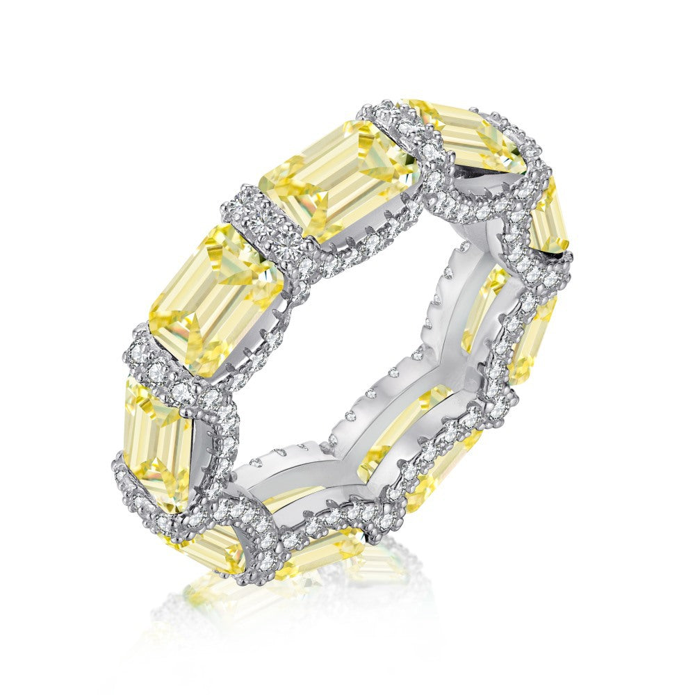 Cross-Border Hot S925 Sterling Silver Yellow Diamond Ring Female Noble Super Flash Ice Flower Cut High Carbon Diamond 8A Zircon Ring