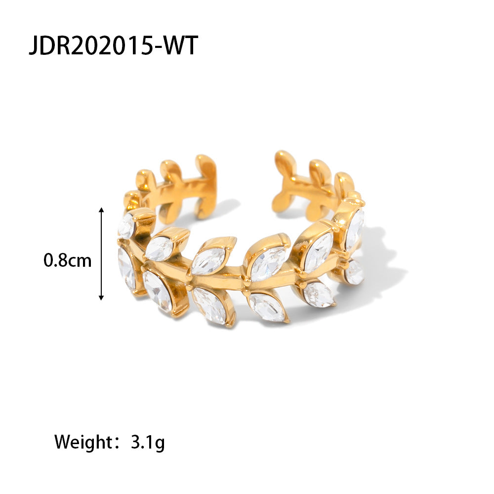 INS Internet Celebrity New Titanium Steel Ring 18K Gold Stainless Steel Leaf-Shaped Inlaid White/Green Zircon Ring
