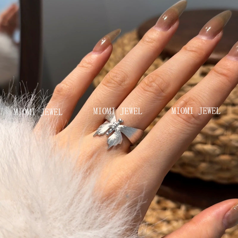 S925 Sterling Silver INS Style Brushed Craft Butterfly Ring Elegant Niche Design Exquisite Ring