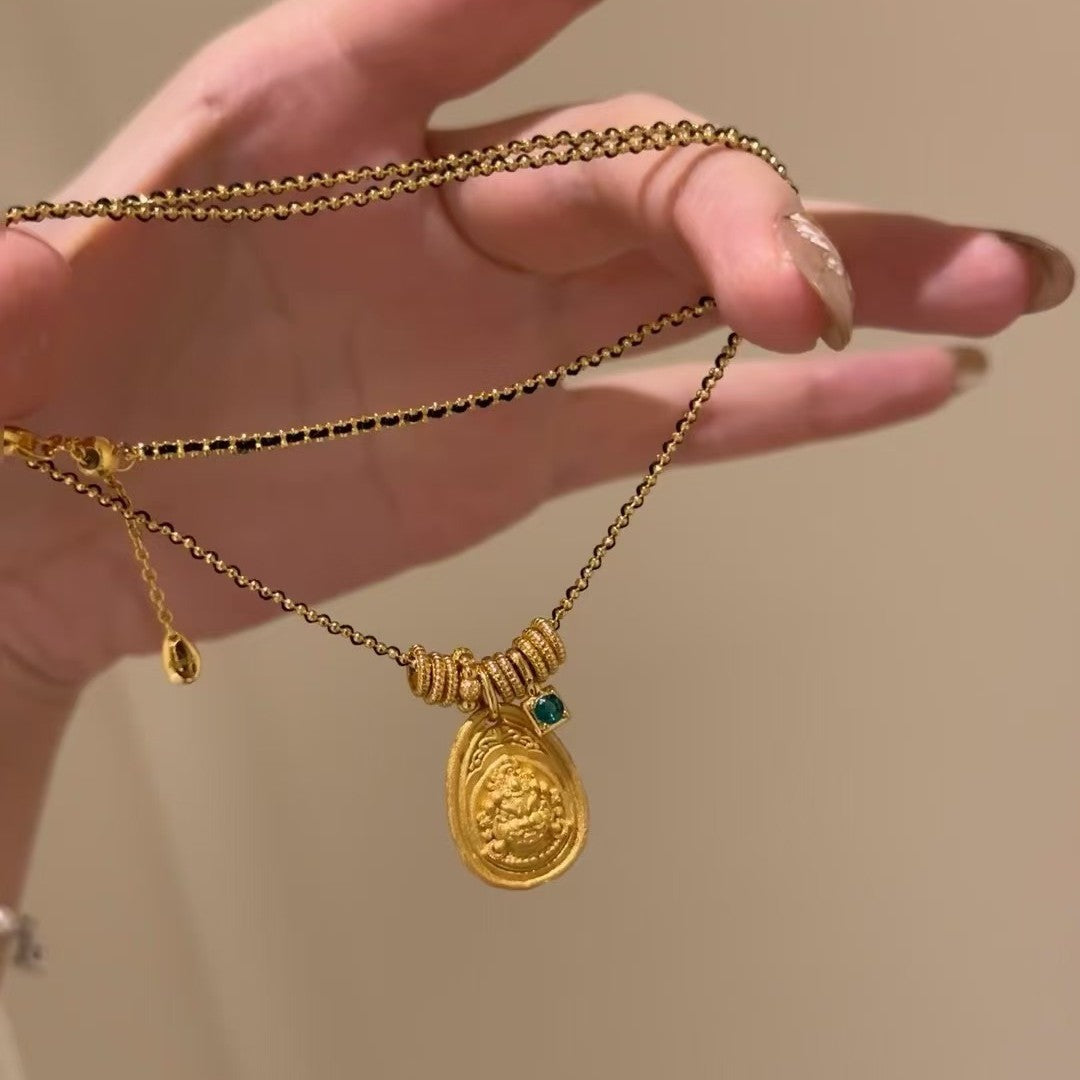 Sterling Silver s925Black Gold Yellow God of Wealth Leather Cord Necklace Niche Design Sense Simple Elegant Fashion National Style Fashion Necklace