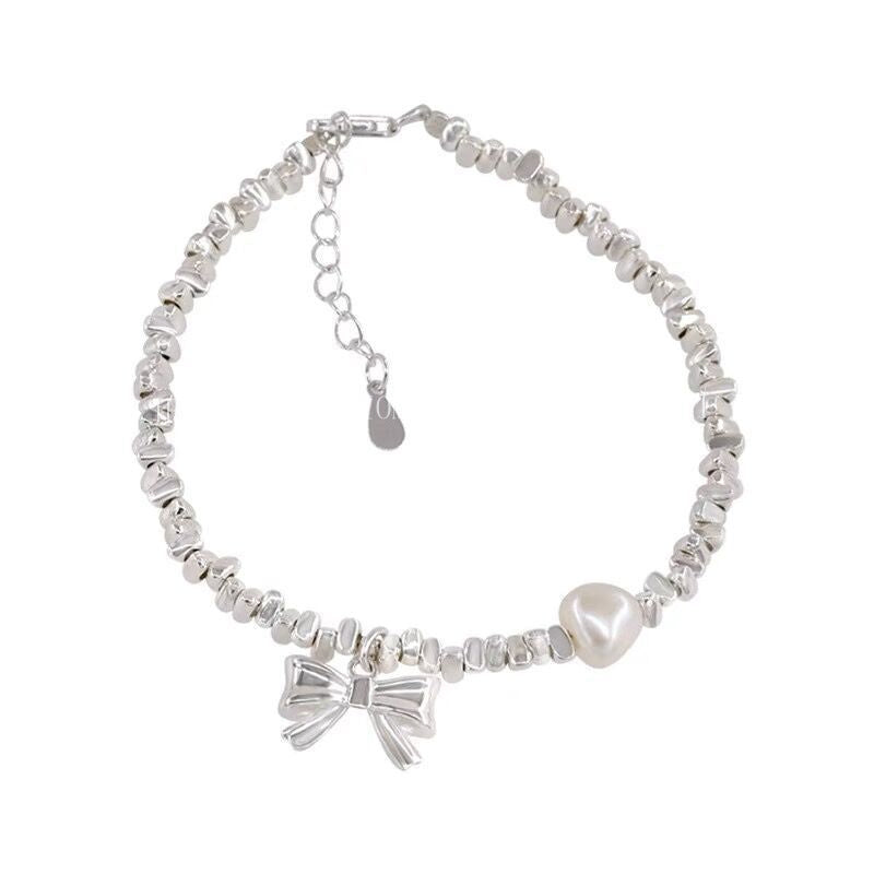 S925 Sterling Silver Natural Freshwater Pearl Bowknot Fragmented Silver Bracelet for Women Sweet Temperament Korean Style Bangle