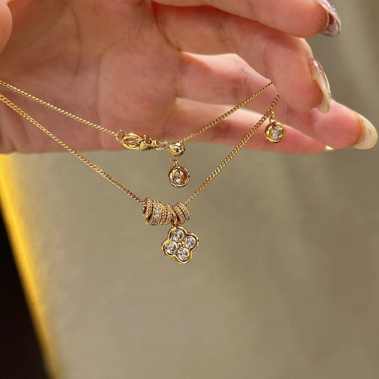 S925 Sterling Silver Circle Running Ring Four-Leaf Flower Necklace Fashion Versatile Niche Collarbone Chain for Women