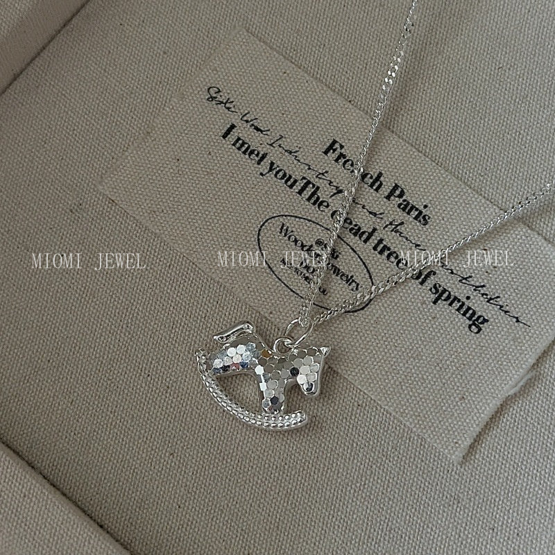 S925 Sterling Silver Korean Version Niche Design Retro CNC Pony Necklace Korean Style Simple Collarbone Chain