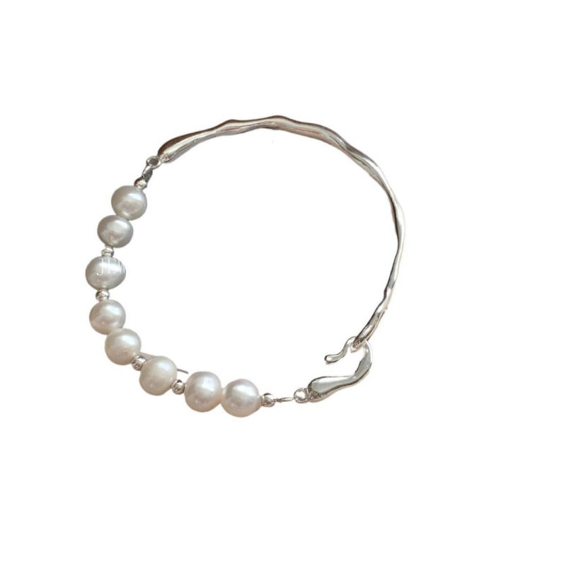 S925 Sterling Silver Natural Freshwater Pearl Half Bracelet Bangle Niche Light Luxury High-end Design Elegant Gentle Temperament
