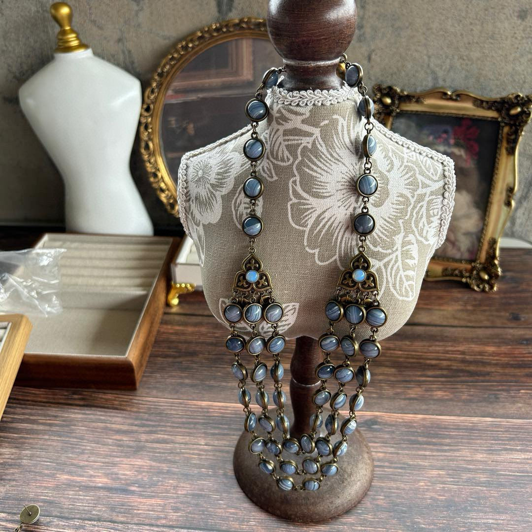 Vintage Multi-layer Natural Stone Original Design Retro Blue Vein Stone Double-sided Bead Necklace and Earring Set