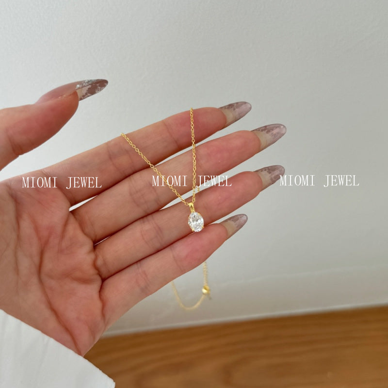 S925 Sterling Silver Single Diamond Necklace for Women Inlaid with Oval Zircon Trendy Fashion Versatile Girly Heart Collarbone Chain
