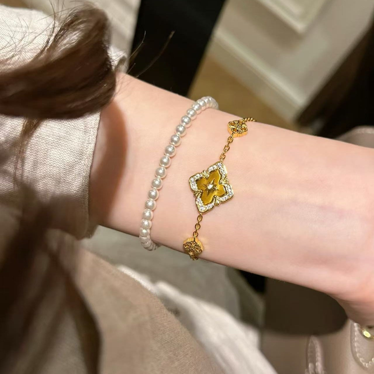 Pure Silver S925 Bucha Style Four-Leaf Clover Tiger Eye Necklace Bracelet Set Heavy Craft Buchi Brushed Set Light Luxury High-end