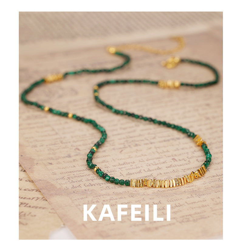 Natural Malachite S925Women's Sterling Silver Necklace French Retro Beaded with Clavicle Chain Accessories High Sense Necklace