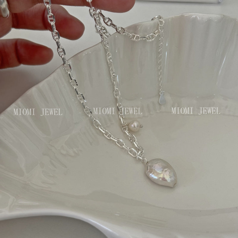 S925 Silver Korean Version Niche Design Freshwater Pearl Irregular Baroque Pig Nose Necklace Wind Collarbone Chain