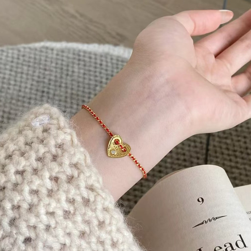 Sterling Silver S925 Heart-Shaped Love Braided Pink Red Rope Bracelet Valentine's Day Gift