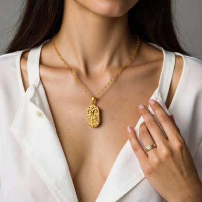 18K Gold Plated Zircon Embossed Ancient Method Pendant Zodiac Titanium Steel Necklace