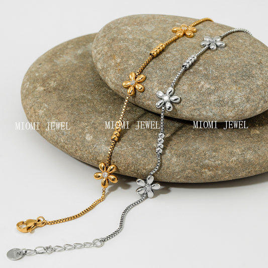 New Sweet Floral Round Bead Bracelet Stainless Steel Vacuum Plating Color Retention Exquisite Versatile Gentle Style Jewelry