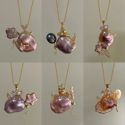 Ocean World Little Witch Necklace Natural Pearl Bighead Fish Pendant Jewelry Goldfish Kissing Fish Clavicle Chain Color Retention