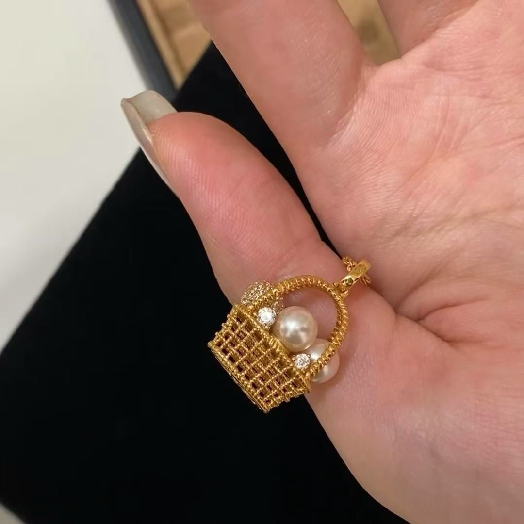 Flower Basket Pearl Necklace Three-Dimensional Woven Basket Niche Design Light Luxury High-End Versatile Style Necklace for Women