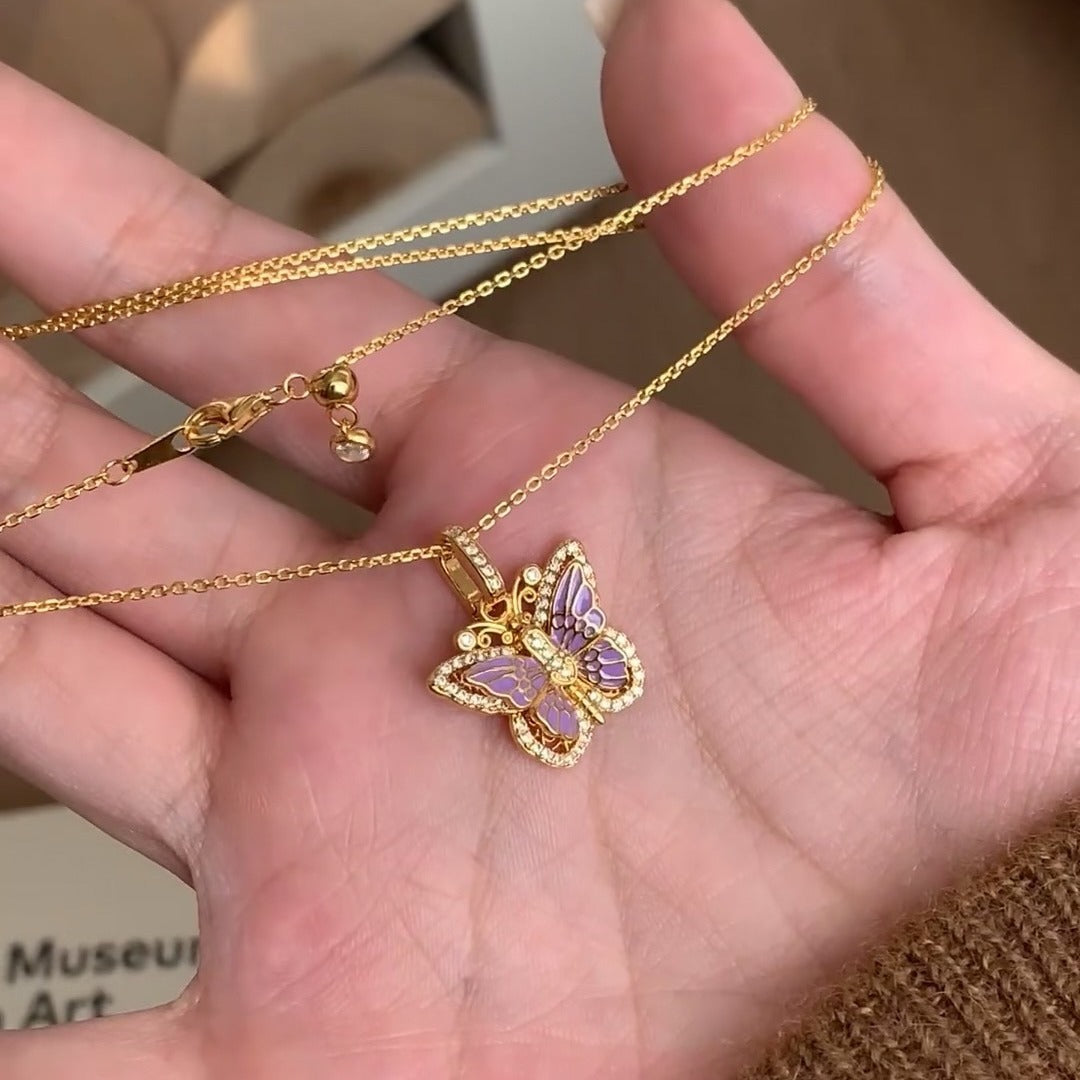 Pure Silver S925 Ancient Gold Plated Enamel Craft Large Butterfly Necklace Nine Purple Fire Medieval Style